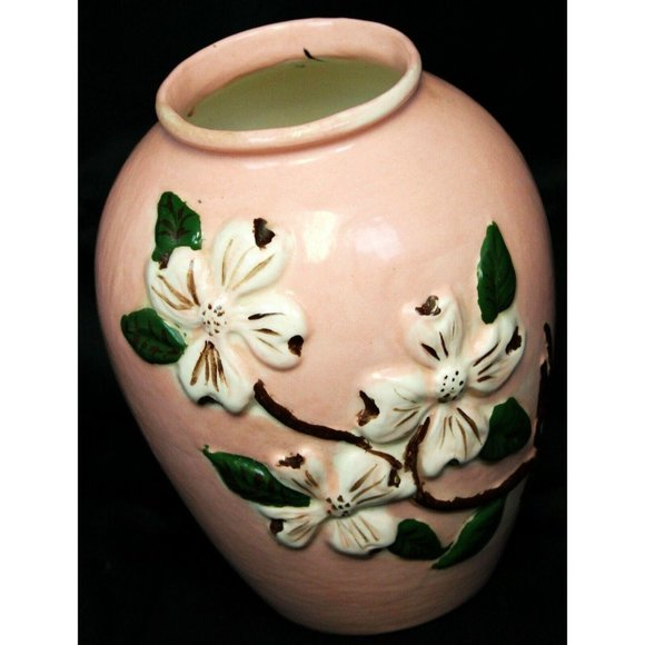 Handmade VTG 1978 Pink Floral Decorative Vase White Flowers Embossed Magnolia - Picture 1 of 10